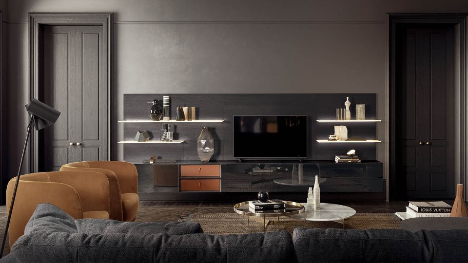 parete attrezzata grigia con mensole bianche