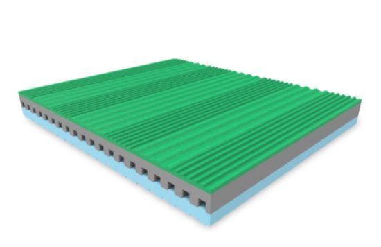 Un materasso verde e grigio su uno sfondo bianco