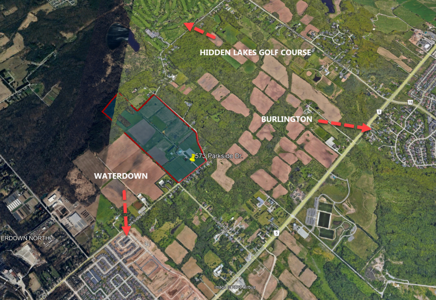 Map displaying the properties border, with direct access to Waterdown and Burlington.