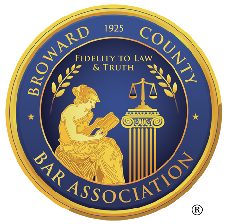 Brown and gold Broward County Bar Association seal with Lady Justice and scales, 1925
