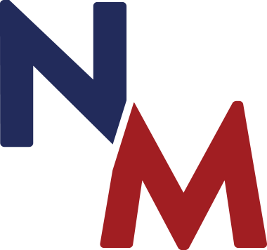 Blue and red stylized “NM” logo on a white background