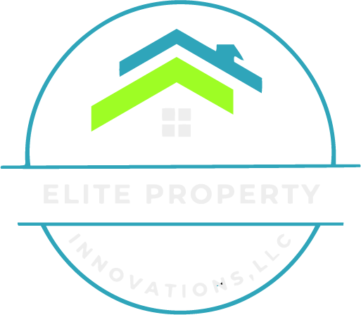 Logo for Elite Property Innovations, LLC: a teal and lime green roof icon inside a teal circle with the company name.