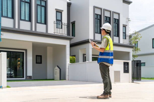 A construction worker is standing in front of a house holding a tablet.
