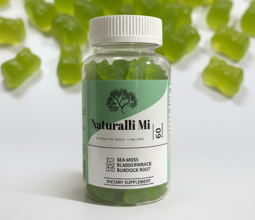 Bottle of "Naturalli Mi" sea moss gummies, with green gummy bears scattered around.
