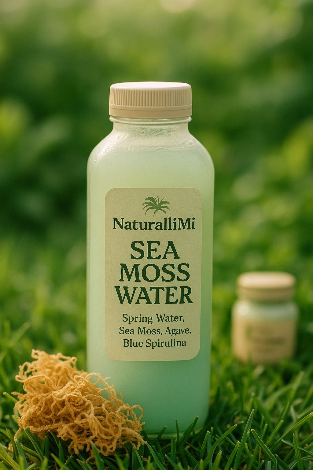 Bottle of NaturalliMi Sea Moss Water on grass with sea moss and small jar.