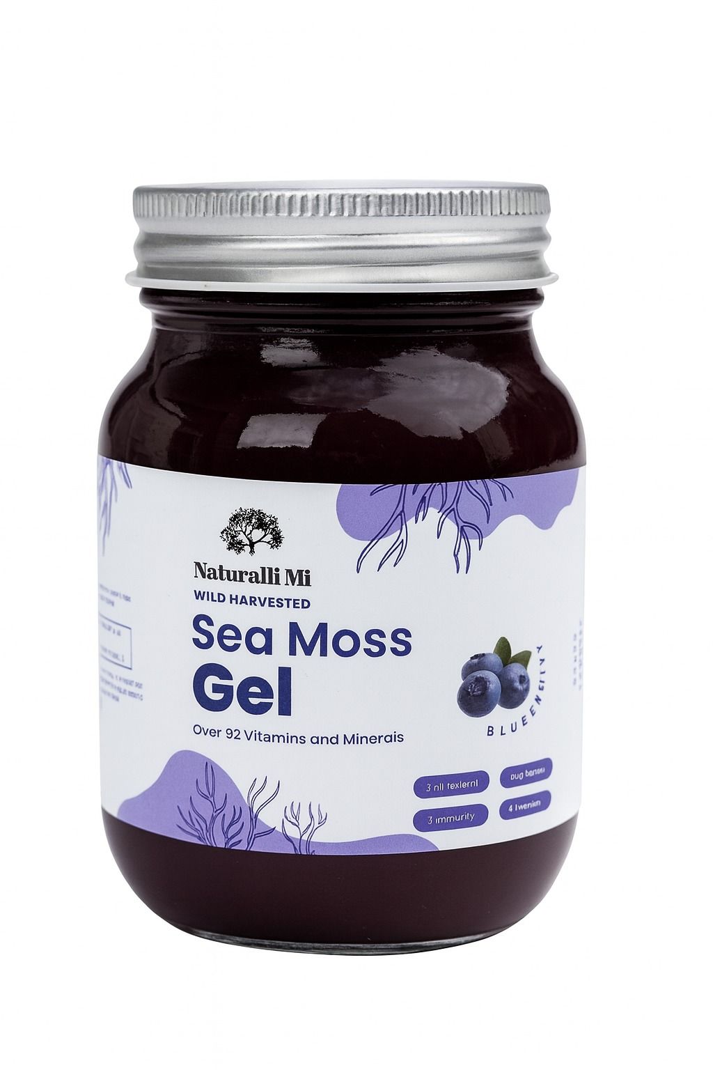 Jar of blueberry sea moss gel with label on white background.