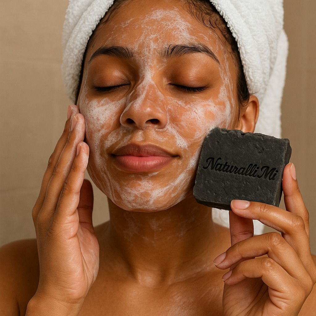 Woman with face wash holding black soap bar, eyes closed, in bathroom.