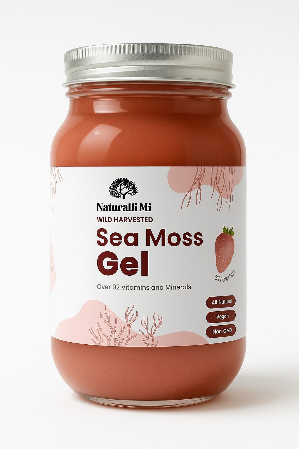 Jar of Nature's Rx Sea Moss Gel. Red-brown gel with a white label and silver lid.
