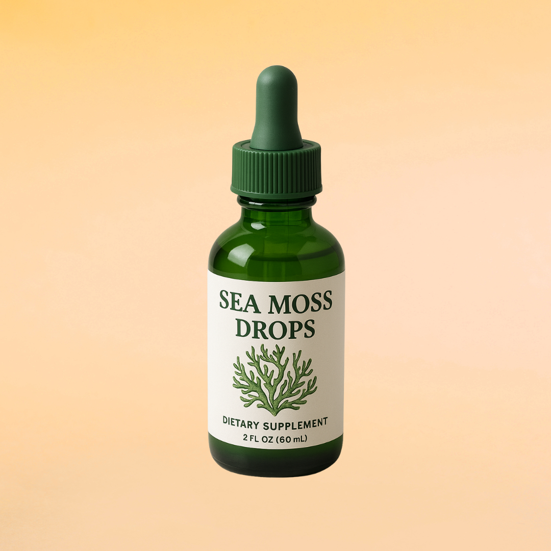 Green bottle of Sea Moss Drops with a dropper, on a yellow-orange background.