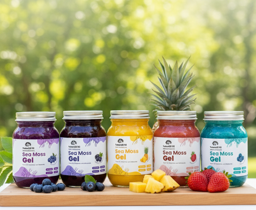 Five jars of flavored sea moss gel on a wooden board. Fruits, green backdrop.