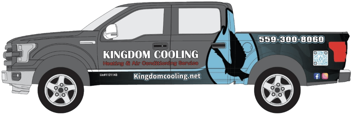 Gray Kingdom Cooling service truck with company logo and contact info.