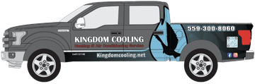 Gray Kingdom Cooling service truck with company logo and contact info.