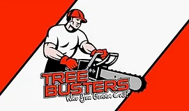 a man is cutting with a chainsaw - Tree Busters of Cape Cod logo