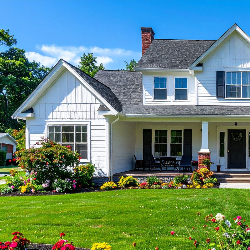White farmhouse with a green lawn, flowers, and a blue sky.