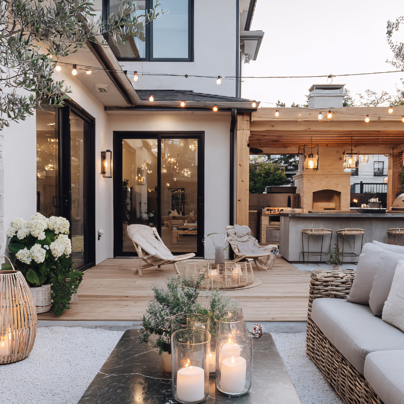 House with green lawn and landscaping. Beige siding, green door, and blue sky.