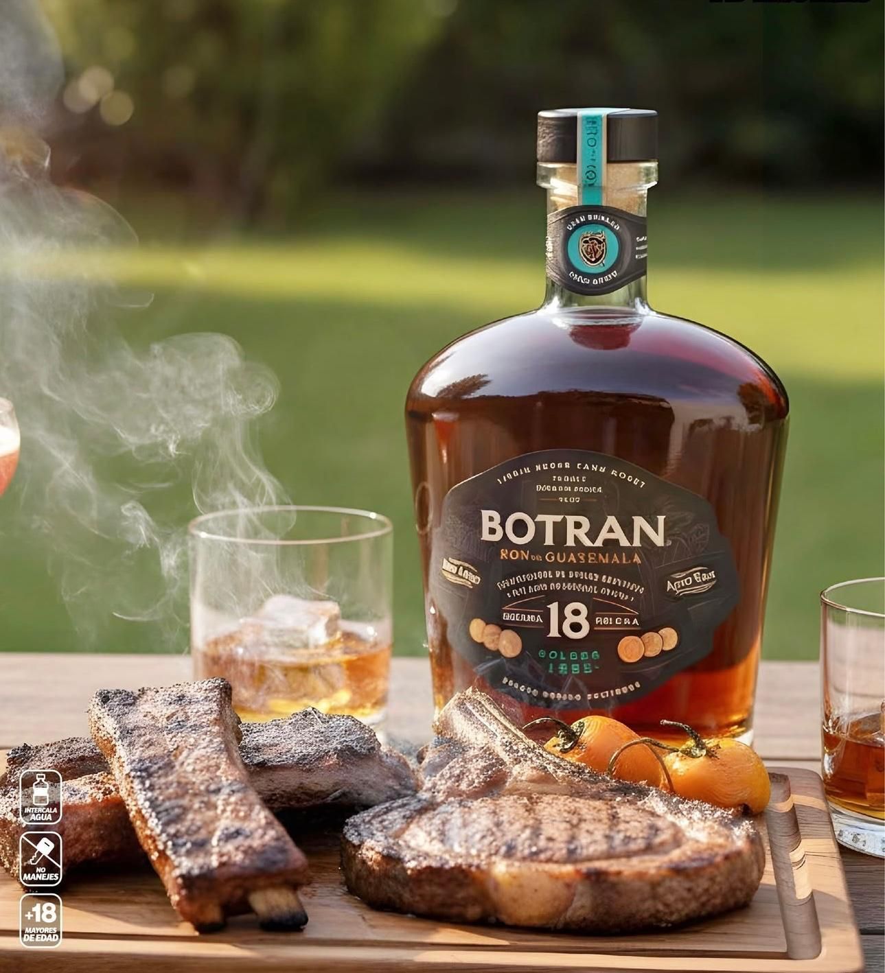 Bottiglia di rum Botran 18 anni con carne alla griglia, ghiaccio e bicchiere. Ambiente esterno.