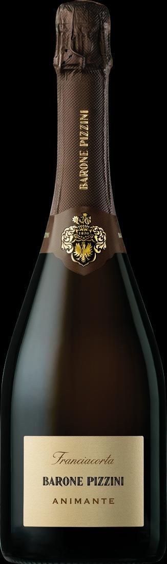Una bottiglia di spumante Barone Pizzini con etichetta marrone su sfondo nero.
