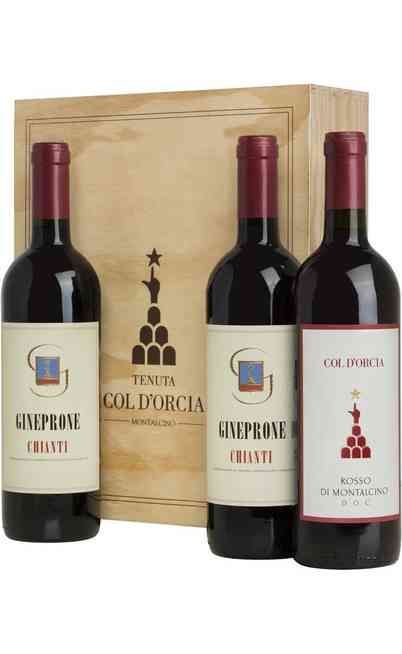 Tre bottiglie di vino rosso in una scatola di legno, etichettate 