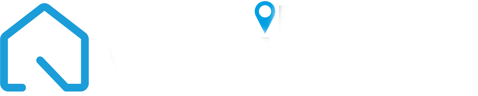 Una casa blu e una puntina da mappa su uno sfondo bianco.