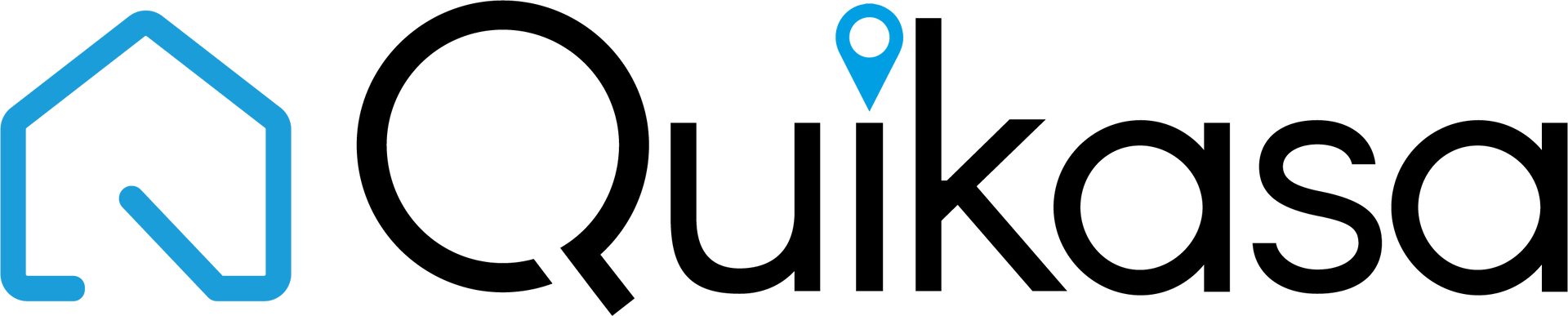 Il logo quikasa è un logo blu e nero con una casa sopra.