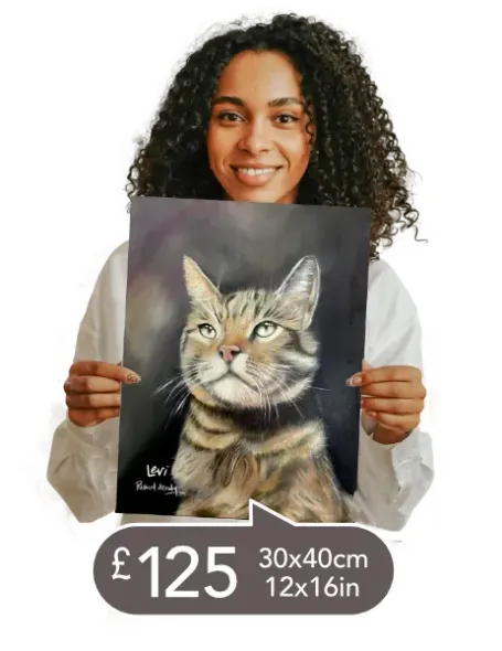 Woman holding a large pet portrait price £125 Woman holding a large pet portrait price £125