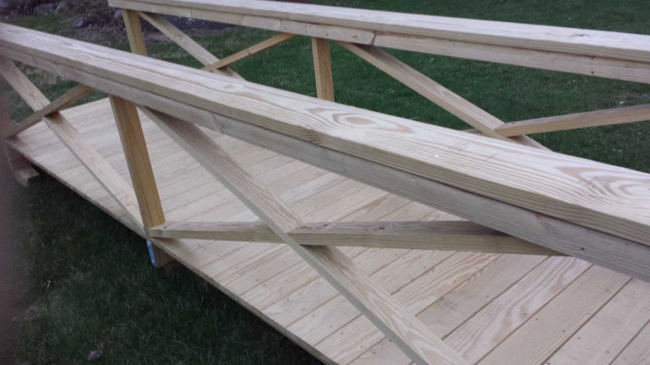 A wooden bridge is sitting on top of a lush green field.