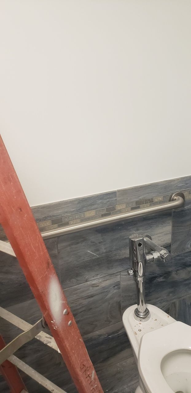 A red ladder is sitting next to a toilet in a bathroom.