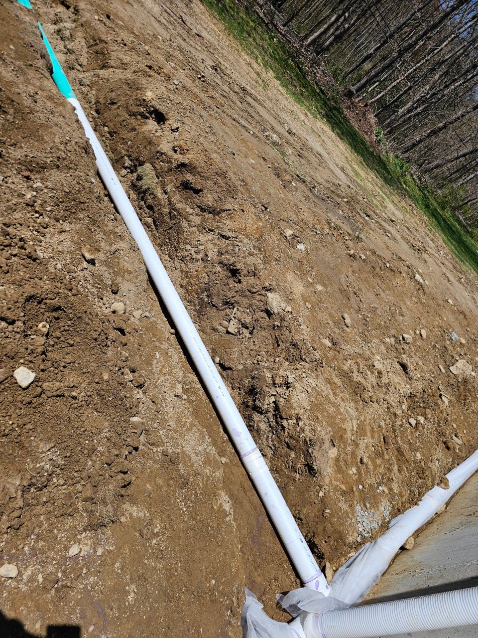 A white pipe is laying in the dirt on the side of a dirt road.