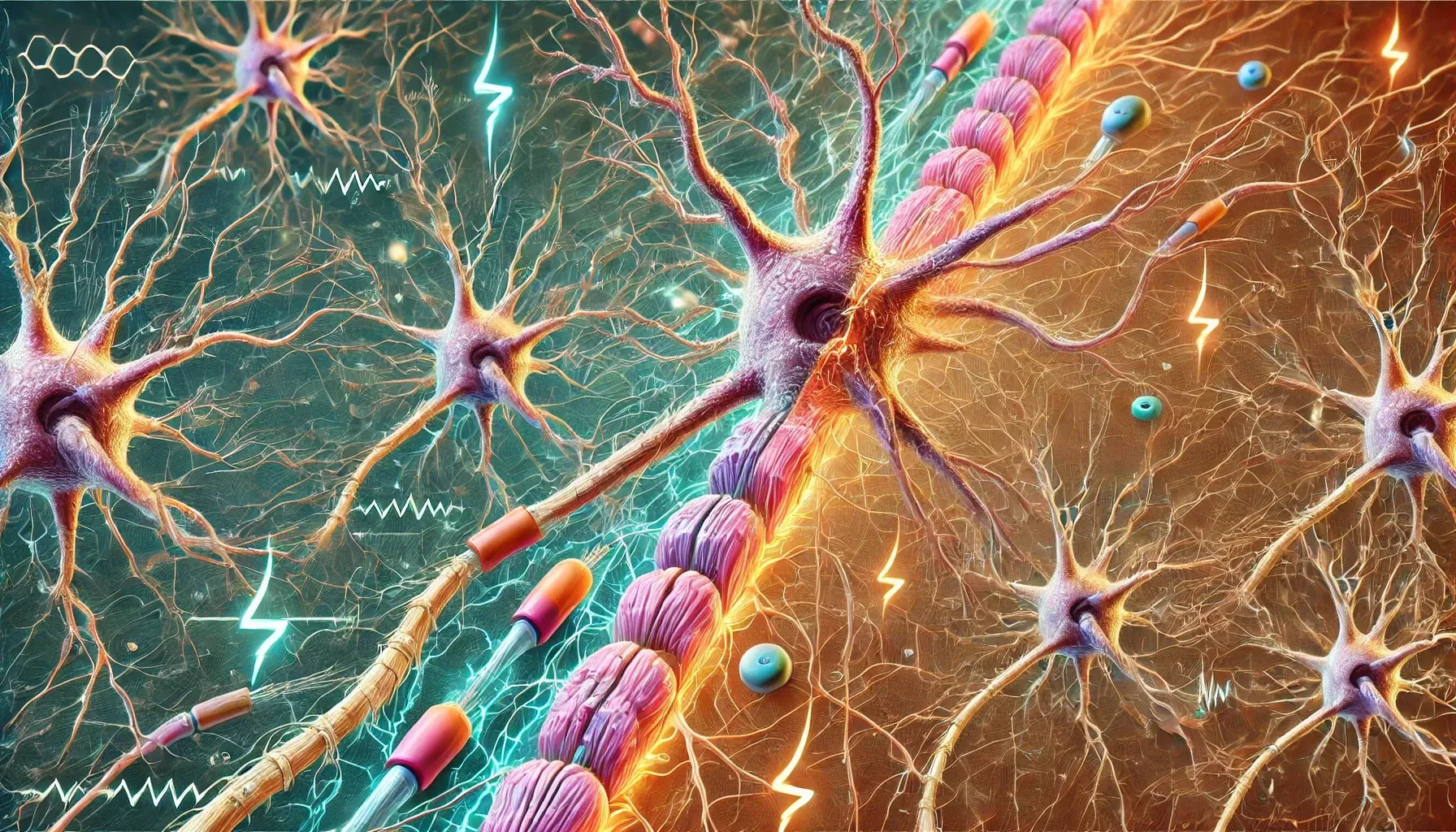 A computer generated image of a nerve cell with lightning bolts coming out of it.