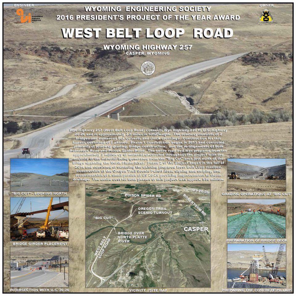 Aerial view of West Belt Loop Road project in Wyoming with inset construction photos and map.