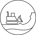 Black line icon of a bulldozer pushing earth on a circular background
