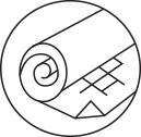 Black-and-white line drawing of a rolled carpet or rug with geometric patterns inside a circle.