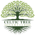 Logo for Celtic Tree Service featuring a stylized green tree with prominent branches above and roots below.