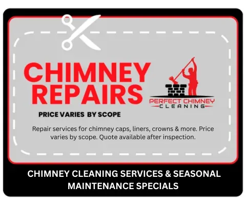 Red and black chimney repair ad with scissor icon and “chimney cleaning services” text