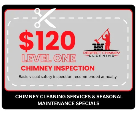 Black and red ad for $120 Level One Chimney Inspection and chimney cleaning specials