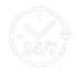 Faint circular 24/7 sign with a clock-like outline and small arrow icon