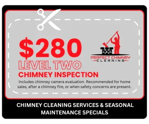 $200 Level One chimney inspection + cleaning ad, red and black with chimney sweep logo and seasonal maintenance text