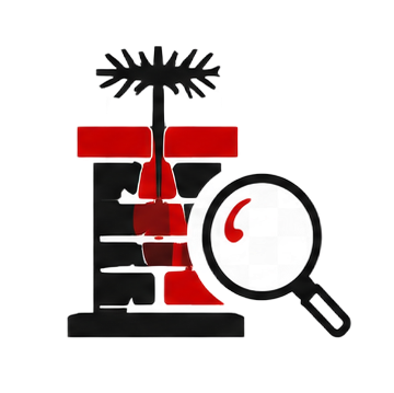 Magnifying glass examining a red and black abstract symbol with a tree-like top