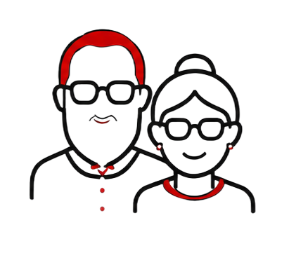 Two smiling people with glasses, one with red hair and one with a bun, outlined in black and red.