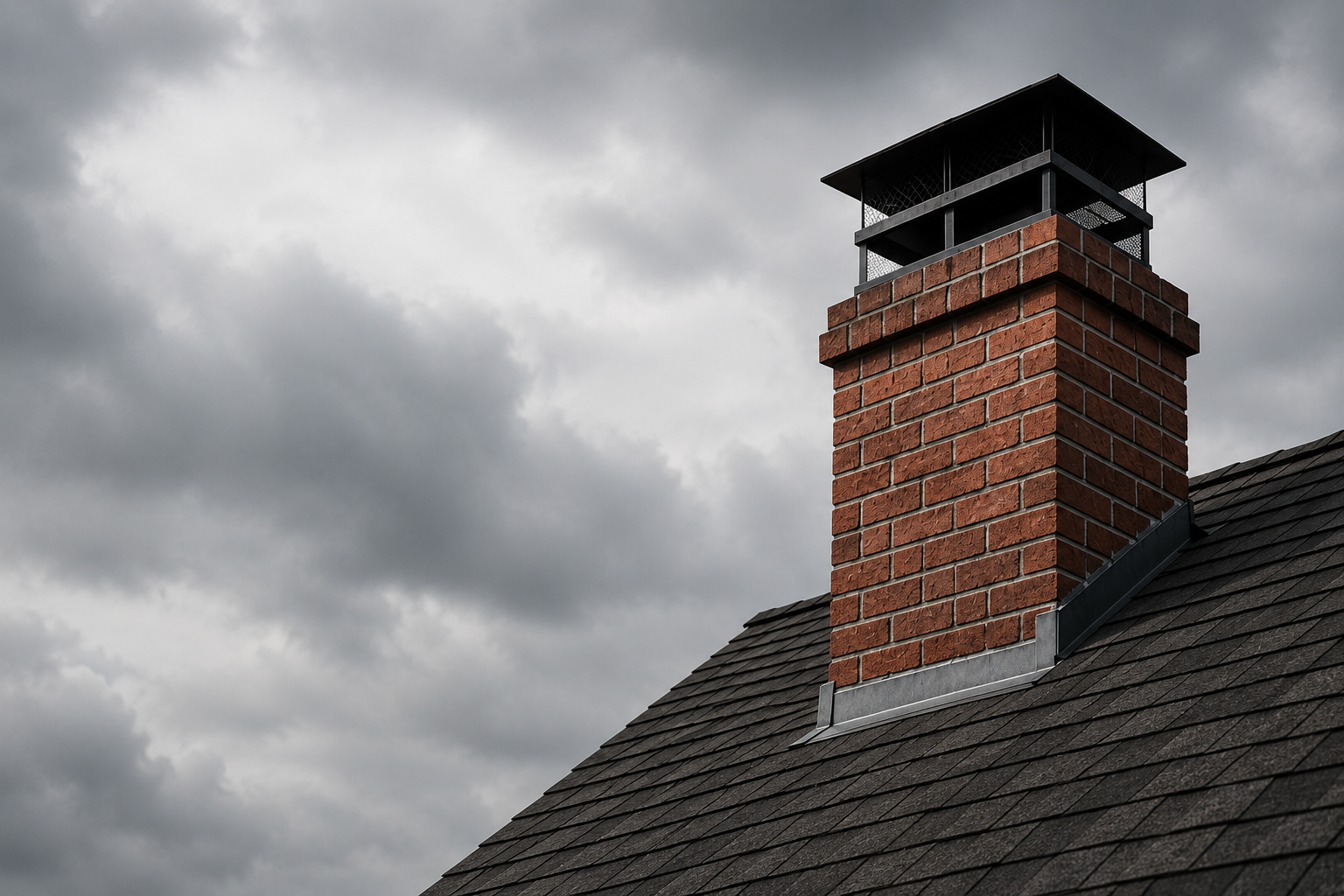Worker in orange on a roof, near a brick chimney under a cloudy sky.