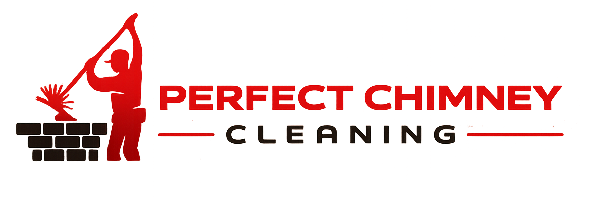 Red chimney sweep logo with worker and broom above the words “PERFECT CHIMNEY”