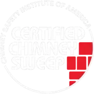 Certified Chimney Sweep logo with red brick corner design and faint circular text.