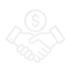 Handshake with coin symbols, representing money or finance transaction.