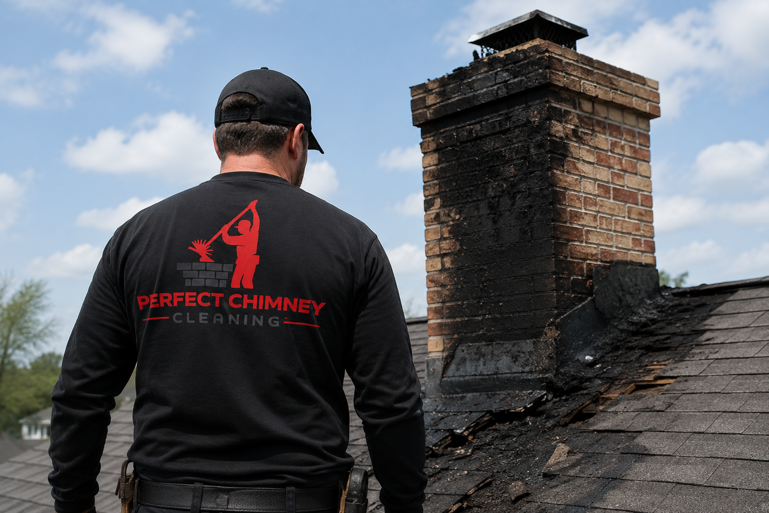Chimney cleaner in black shirt inspecting a brick chimney on a shingled roof under a blue sky