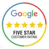 Google five-star customer rating badge with colorful logo and five gold stars