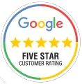Google five-star customer rating badge with multicolored stars and circular border