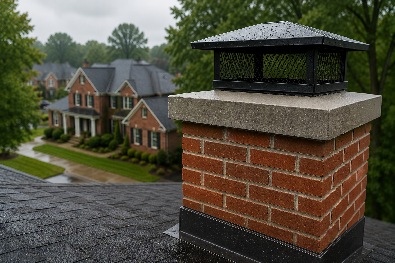 Brick rooftop chimney with a black metal cap and terracotta flue surround on a shingled roof
