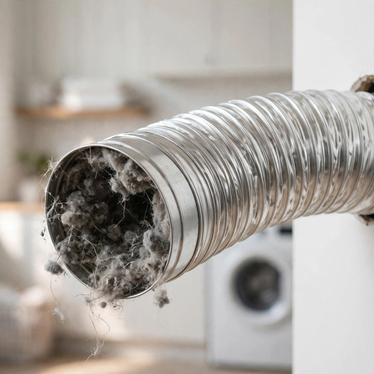 Clogged dryer vent hose with lint buildup in a laundry room