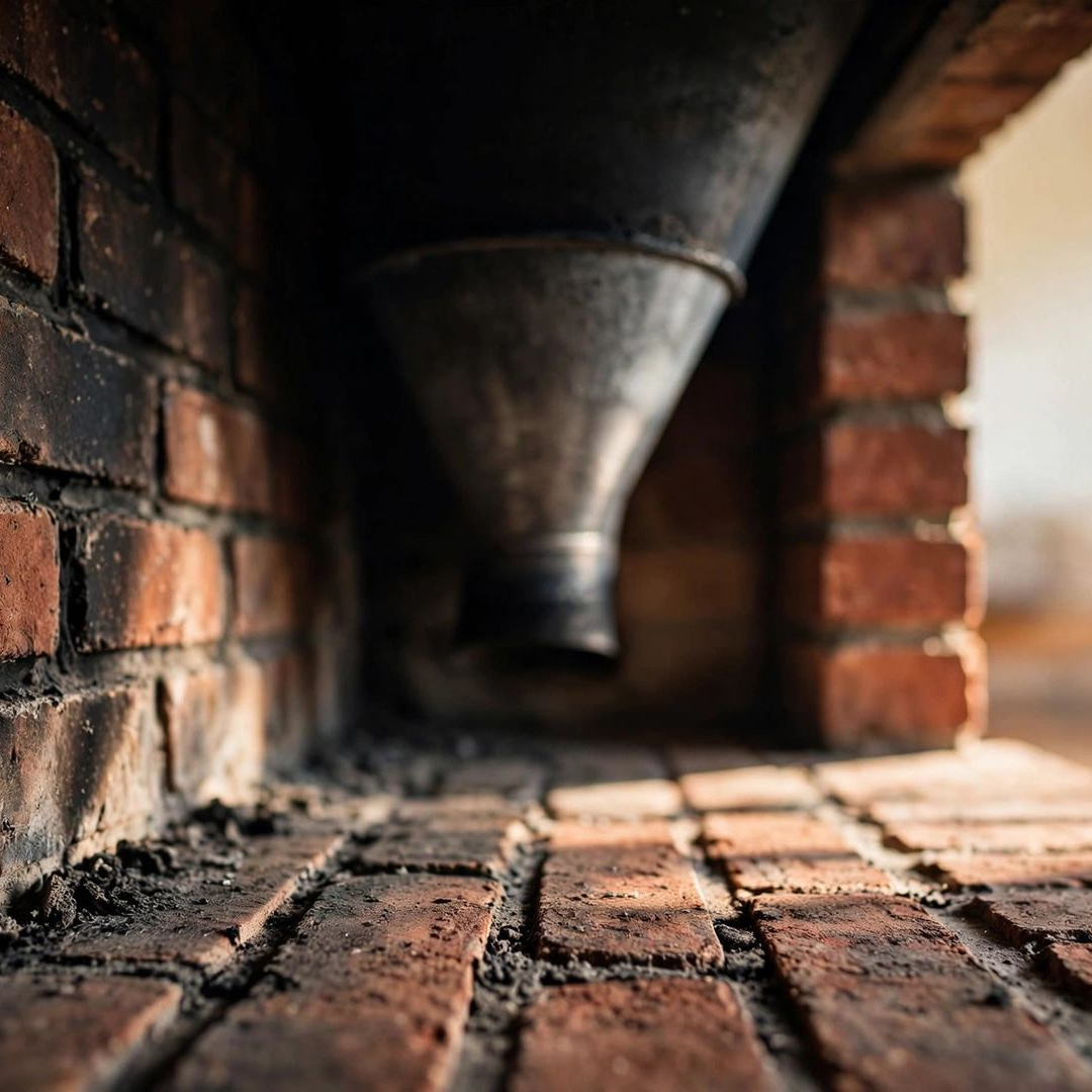 Close-up of a brick tunnel interior with a dark metal chute overhead and sunlight at the far end