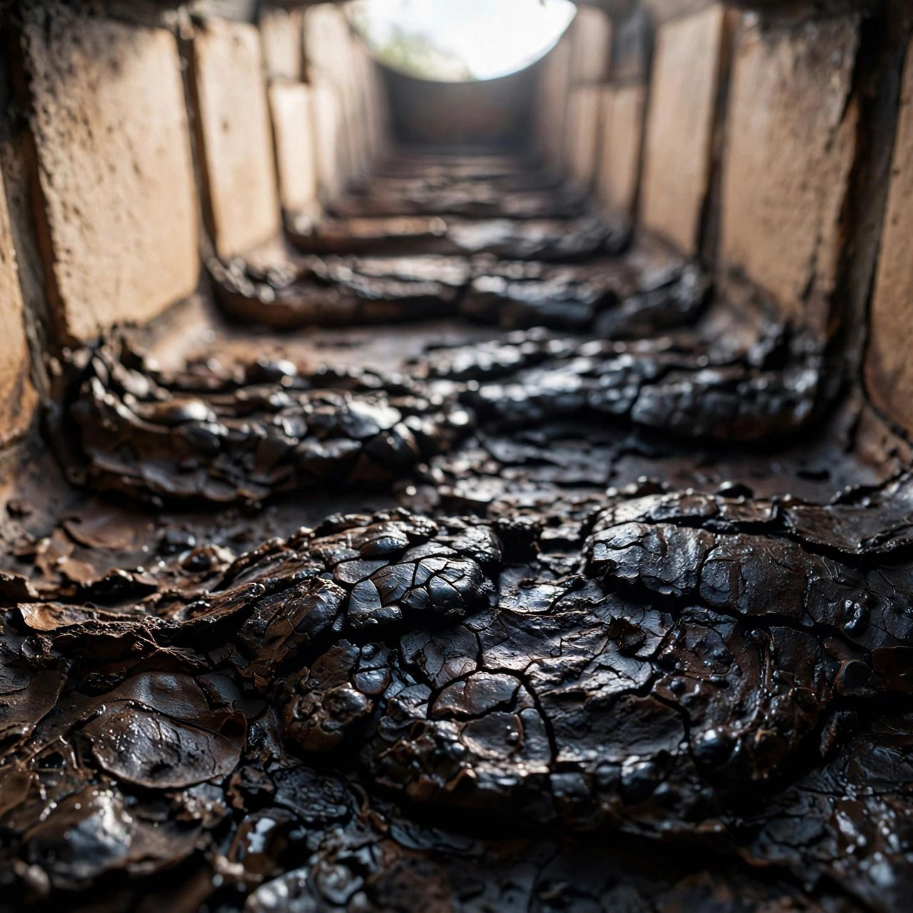 Close-up of a charred, cracked tunnel floor with soot-covered debris and light at the far end
